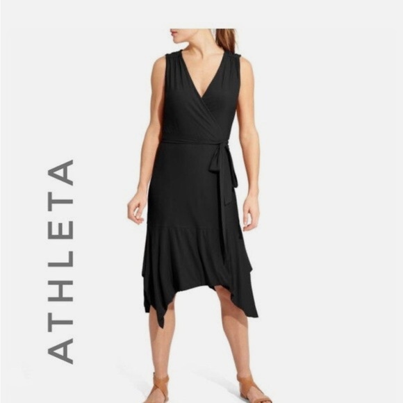 Athleta Womens Windward Modal Black Sleeveless Midi Wrap Dress Picnic Small Chic - Picture 2 of 15